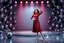 Placeholder: a pretty stage made of metallic blue-gray teme 3d recursive geometry and sphere base structures and a beautiful fashion model lady posing with joy and cute ,with dark red top and pretty pleated midi skirt ,makeup curvy long hair,dynamic camera zoom to full body and pan, dynamic lights.