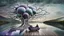 Placeholder: back to the camera a figure sittings on amorph shape sofa in a beautiful dreamlike landscape and overlooking the water of the nearby lake, calm, harmonious atmosphere, muted dark colors, purple, white, gray, green, blue, brown, silver, black , ,not too colorful colors, Whimsical style and giant stunning neuron network all over the sky, half shadow and half light abyss, surreal stunning vibe