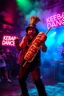 Placeholder: An "Kebab man" performing at dance club, his name is "Kebab man" and looks crazy, Kebab rolls in folie on stage, Neon lights and smog, "KEBAB DANCE" SIGN ON WALL