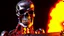 Placeholder: 4K portrait of the real-life. Maximum details. Terminator robot face playing guitar, firestarter, radio broadcast logo, flames in the background. Radio hard rock