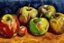 Placeholder: Abstract impasto oil painting of an apples on a table in the style of cezanne style of William Turner