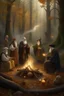 Placeholder: 5 old realistic magicians, magical, in a forest sit in a circle and cast a spell to heal the world while the globe is burning