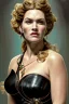 Placeholder: painting of kate winslet as evil queen in black leather gown, feminie, angry, stern look on her face, volouptous, busty, cleavage, emperious, mature, highly detailed, digital painting, artstation, concept art, smooth, sharp focus, illustration, art by gaston bussiere and alphonse mucha