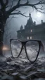 Placeholder: Hyper Realistic closeup view of a broken glasses on the field behind a huge dark mansion with dry old tree at a foggy snowfall night