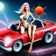 Placeholder: large breast bikini alien woman on pedal car