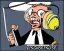 Placeholder: Animateur radio énervé, caricature, 1 seul personnage, micro, casque, note de musique, humour