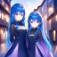 Placeholder: girl, masterpiece, best quality, volumetric lighting, detailed outfit, perfect eyes, long hair blue hair, Purple eyes, dark mori, twins, town,