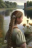 Placeholder: A girl plants a flower in front of a river On its bank is a palace and her hair is braids