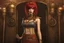 Placeholder: a skinny Cleopatra, with a bob red hairstyle, standing in a steampunk setting.