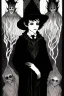 Placeholder: 7 year old boy, necromancer, friendly, looks dead, surrounded by weird smoke with eyes, wearing black robes, in the style of Harry Clarke