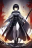 Placeholder: Anime girl with short black hair and sharp green eyes holding a spear, full body black and white metal plate armour, full body shot, Dramatic lighting,1woman, soaked in blood, Warrior, standing pose, sword at the waist