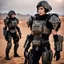 Placeholder: beautiful caucasian female soldier, black metal body and limbs, visible cybernetic limbs, scratched sand camo metal details, short brunette wavy bob haircut, dystopian, desert scene