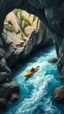 Placeholder: Bosch painting style, 3D multi layers caves where the a river stream, a man in kayak boat in a fast water