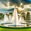 Placeholder: camera captures full scene of where 12 fountains in a small sea shoot water jets in sky and splashes of water ,in country side,pretty cloudy sky ,moving clouds and godrayes .