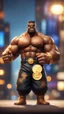 Placeholder: black hunk original pixel art Abobo from double dragon holding up a dog sized golden coin with a print of himself ,bokeh like f/0.8, tilt-shift lens 8k, high detail, smooth render, down-light, unreal engine, prize winning