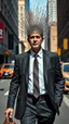 Placeholder: A man with suite carrying a business bag walking in the new York street , all his head is a covered with needles ,