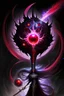 Placeholder: A sorceress evil staff that is a mix colors of red and black crystals and sharp edges, with black aura swirling around it, a black universe color orb in the middle