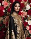 Placeholder: Luxury potrait of a beautiful super model hijab beauty makeup cosmetic,she wearing islamic a luxurious details pattern color gold and black casual jacket with designed large flower details that resemble roses.The dress has an asymmetrical design with one sleeve and a flowing skirt.background of the image shows a red carpet event with floral decorations,close-up portrait