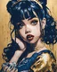 Placeholder: Poster in two gradually, a one side the Genna Ortega as Wednesday face and other side the Singer Melanie Martinez face, painting by Yoji Shinkawa, darkblue and gold tones,