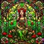 Placeholder: Stained Glass Art Nouveau art style A beautiful as a model asian woodland elf princess who looks like a young Lucy Liu seated on a throne surrounded by poppies and marijuana leaves in a mystical forest, photo-realistic