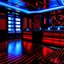 Placeholder: techno disco with red black walls,an blue white and shiny vinyls