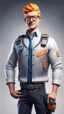 Placeholder: Produce a portrait of the engineer Lars, the visionary leader behind Solglans' transformation. Render Lars as a confident and determined individual, with a spark of innovation in his eyes. Show him wearing a sleek, modern engineer's outfit, perhaps with a tool belt slung over his shoulder, symbolizing his hands-on approach to problem-solving. Capture his passion for sustainability and technological advancement, while also conveying his warmth and empathy towards his fellow citizens. Let his expr