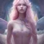 Placeholder: a pink castle, a cheerful fairy in front, big smile, pink, blonde hair, beautiful, whole face, whole top hair head, wide open blue eyes, transparent wings onn the back, hyperrealism, masterpiece, expert, cinematic lighting, sharp focus, 8K, pastel, macro lens, woman, detailed, flower