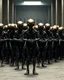 Placeholder: aliens prisoners standing in rows with hands tight to the back and heads down in front of you with many arms guards with weapons in the background