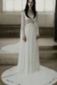 Placeholder: A very long wedding dress similar to Romanian dresses with long black hair Photorealistic