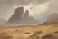 Placeholder: cloudy grey day, arid rocky land, few distant cliffs, philosophic and trascendent influence, unforgettable landscape, dry weeds, videgame landscapes influence, epic, one person, distant mountains, rodolphe wytsman, jenny montigny, and friedrich eckenfelder impressionism paintings