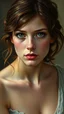 Placeholder: Realistic oil painting of a beautiful young woman with piercing green eyes, by John William Waterhouse, (long shot), dramatic lighting, classical mythology theme.