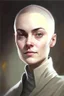 Placeholder: full color portrait drawing, portrait, 22-year old female human cleric, shaved head, light eyebrows, grey eyes