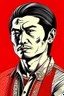 Placeholder: Illustration of Japanese yakuza man with with black hair, tattoos, front view, red background