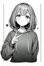 Placeholder: girl dressed in a loose sweatshirt and with one hand touch on her heart, line arts, greyscale