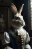 Placeholder: Bunny dressed as human, Medieval palace, animal portrait