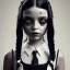 Placeholder: wednesday addams from jenna ortega, wednesday addams hair, wednesday addams make up, wednesday addams black dress, cinematic, hyper detail, 8k resulation