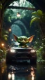 Placeholder: gremlin model in a car shaped like a bucket in dark lit reflective wet jungle metallic hall dome hotel tunnel, in the style of a game,bokeh like f/0.8, tilt-shift lens 8k, high detail, smooth render, down-light, unreal engine, prize winning