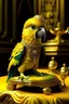 Placeholder: yellow slim parrot dressed like an Persian Pharaohs gold rich with pyramid on a back ground very detailed luxury king,