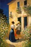 Placeholder: Night, vegetations, flowers, one woman, house, distant buildings, charles leickert, and berthe morisot paintings