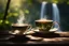 Placeholder: steaming tea in a beautiful china cup on a wooden table, rainforest and a waterfall in the distance in sunshine, ethereal, cinematic postprocessing, bokeh, dof