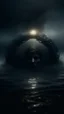 Placeholder: Mourning in dephts of ocean , a halo face with bullets smoky holes in dark gloomy foggy background with very small dem light in a distance