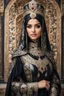 Placeholder: Gorgeous Realistic Photography Super model Iranian as Beautiful Queen hijab girl dressing armor pattern flowers gown luxury black and jewelry,luxury palace background, close-up portrait