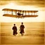 Placeholder: The two Wright brothers on the first flight in the Flyer they built, dramatic historical shot, outdoor shot, cinematic, early 19th century poster style