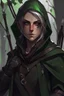 Placeholder: 35 year old gender neutral dark rogue wood elf, thief assassin, Mauve hair, messy hair, bright green eyes, brown skin, black hood, black leather, messy, disheveled, trees, sneaky, bow and arrows, tall, skinny