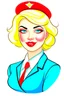Placeholder: cartoon of a feminine blonde stewardess with red lips in light blue uniform