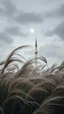 Placeholder: Windblown grass with winds with clouds and moon in the background, high quality picture 8k, beautiful cinematic lighting and all gray colors , a tall old Islamic building in background