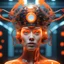 Placeholder: Organic jon, cyborg Ai queen with neuralink headgear, on an inter dimensional catwalk,perfect human face, clear acrylic plastic film, full body shot, catwalk fashion show, iridescent, surreal, Salvador Dali meets pixels,,waterhead, dj style, neon orange,glowing eyes ,clouds