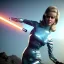 Placeholder: Ultra Realistic retro sci-fi portrait image from 1960, spaceship, sweet young Jane Fonda, dress with tight latex suit, lightsaber fighting stance, soft color, highly detailed, unreal engine 5, ray tracing, RTX, lumen lighting, ultra detail, volumetric lighting, 3d, finely drawn, high definition, high resolution.