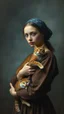 Placeholder: Hieronymus Bosch and Van Gogh styles , a woman holding her cat looking at you In foggy smoky background