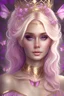 Placeholder: mystérieuse belle femme blonde, tête entière, yeux bleus électriques, sophistiquée, très beaux bijoux, gracieuse, belle poitrine, bienveillante, maquillage fin et discret, entourée de papillons roses, cheveux légèrement rosés, coiffure soignée, couronne royale en or sur la tête,